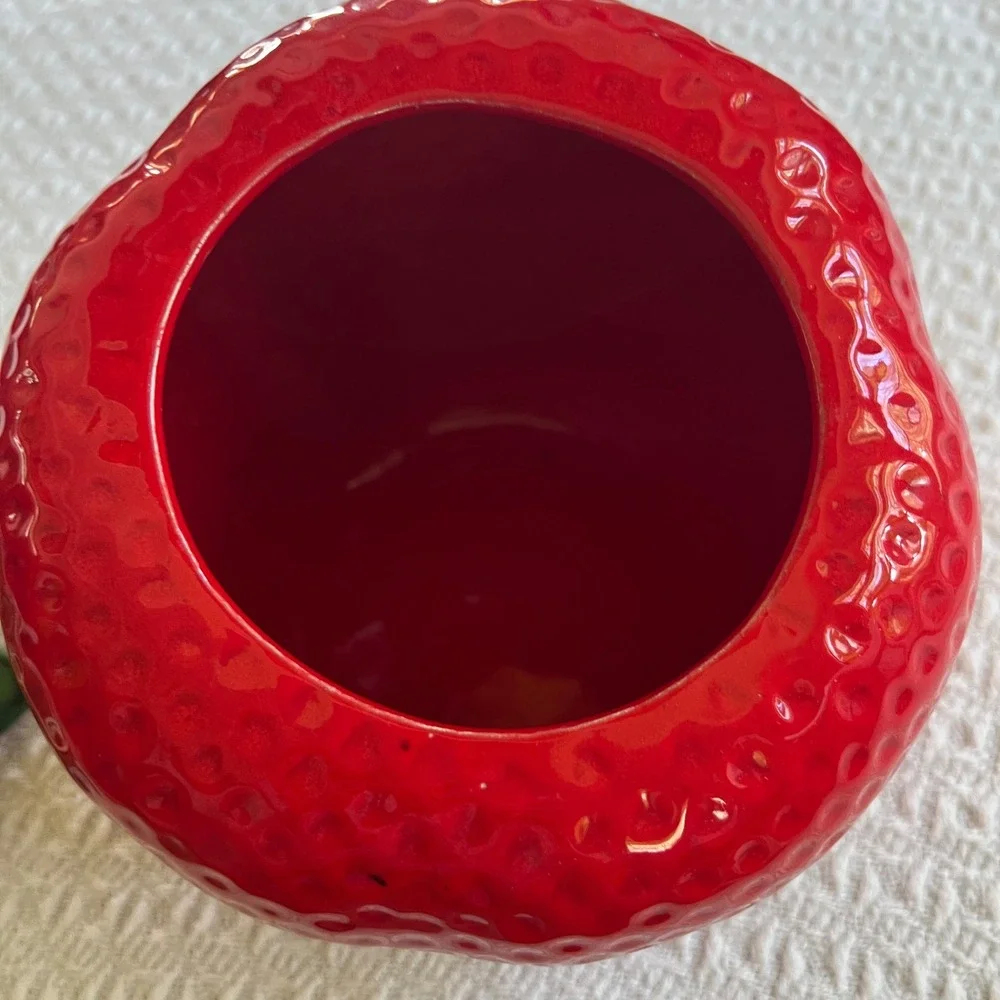Vintage Ceramic Strawberry Lidded Jar Red Green Fruit Canister Cottagecore Decor